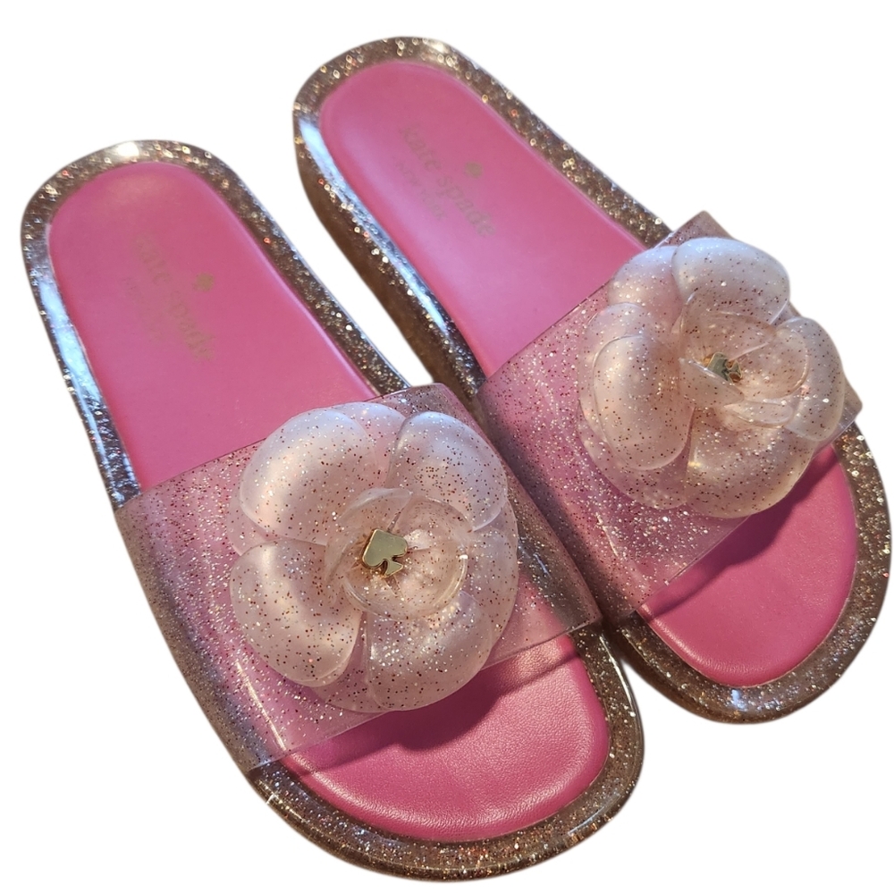 Kate Spade New York Pink Jelly Glitter Floral Slide Sandal, Size 6